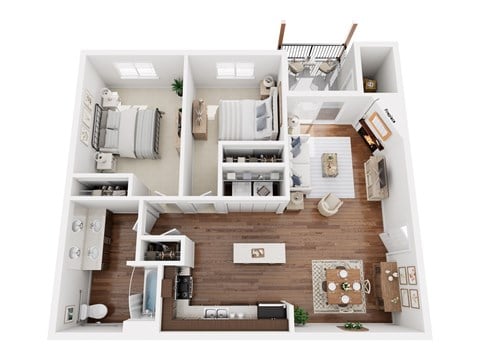 Floor plan for 2 beds, 1 bath, 938 sqft